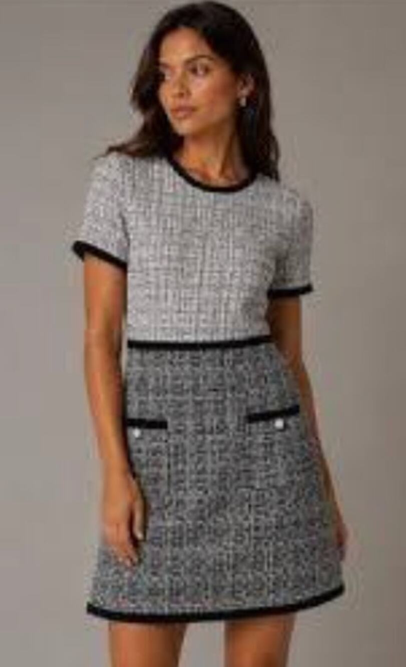 Karl Lagerfeld Paris Plaid Tweed Sheath Dress Beaded Neckline Pockets Sz 12
